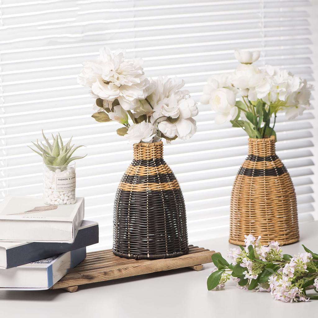 Retro Handmade Woven Vase Imitation Rattan Flower Plant Potted Flower Basket Bouquet Holder Wedding Home Office Table Decor