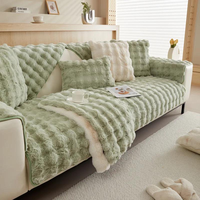 Exquisite Sofa Cushion Thickenen Rabbit Plush Cover Winter Anti Slip Coverage Cloth Towel Comfortable Washable Non Fading Fabric