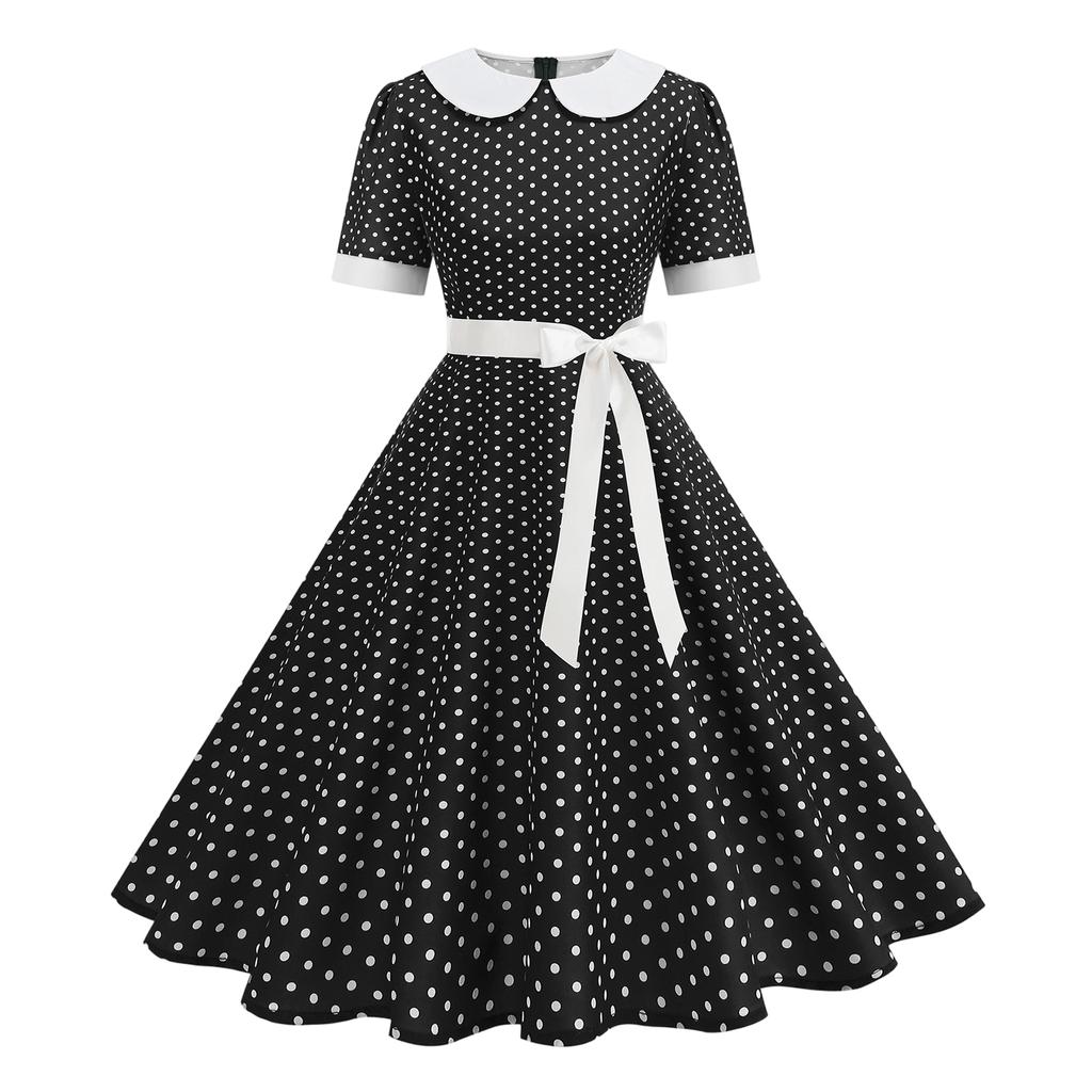 Damen Vintage Polka Dot Swing Kleid mit Kragen und Gürtel für Partys