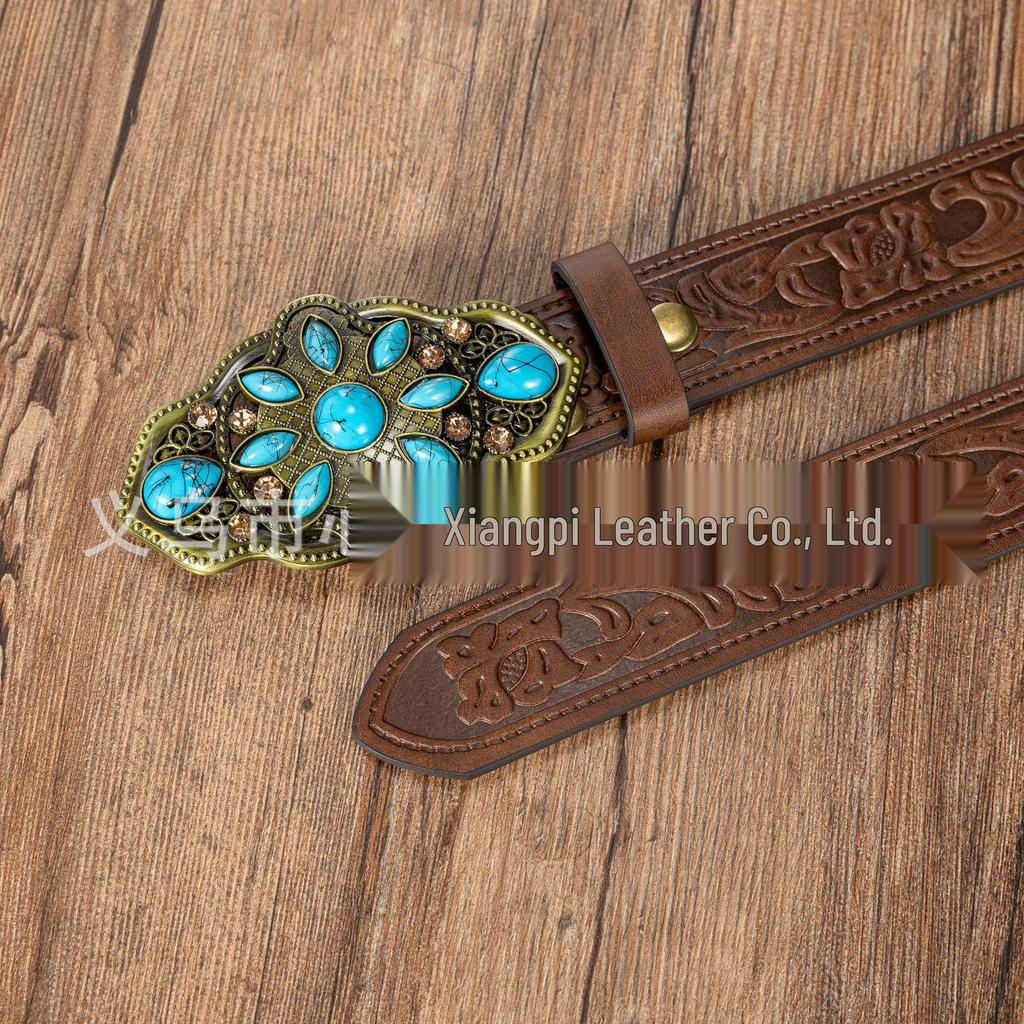 Retro Turquoise Inlaid Buckle PU Leather Embossed Unisex Belt
