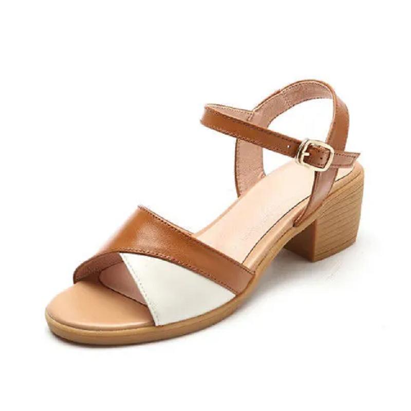 Women Fashion Sweet Brown Peep Toe High Quality Square Heel Sandals Lady Cute Office Career Shoes Sandales Femmes A59