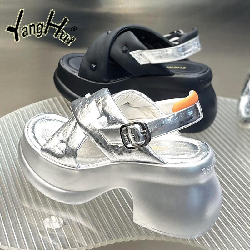 Color Matching Rivets Accessories Women's Sandals Comfortable 2024 Fashion Elevated Thick Bottom Anti-slip Silver Sandals Summer