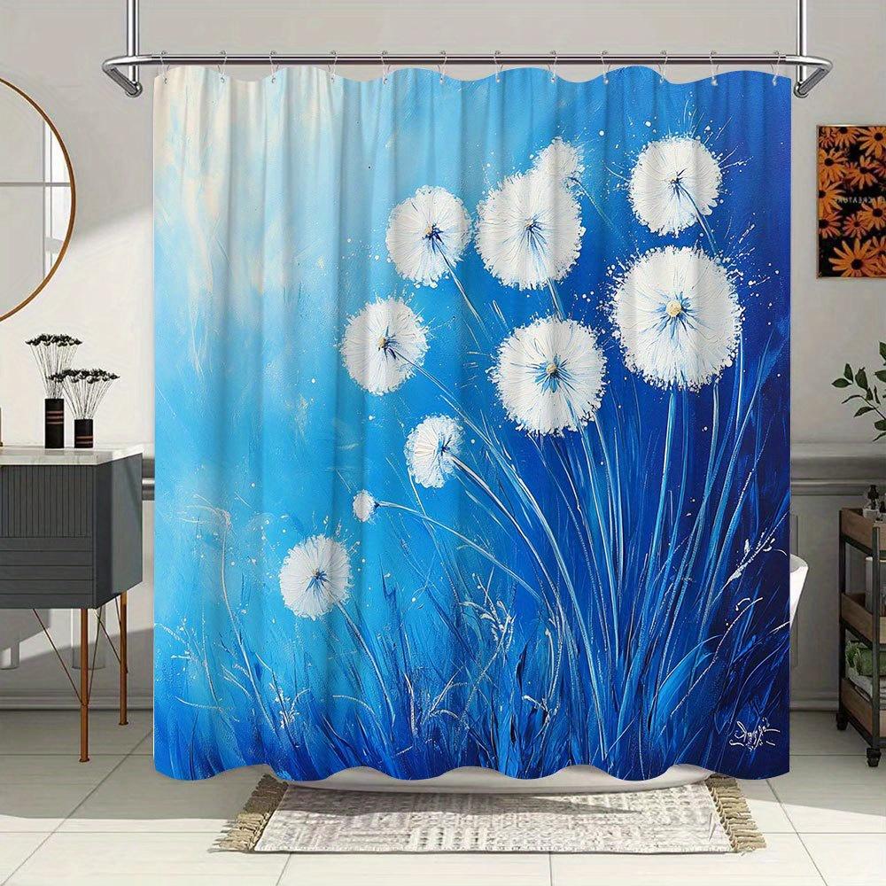 1Pc Dandelion Dreams Shower Curtain - Realistic Digital Painting With White Wispy Flowers & Rich Blue Gradient, 70X70 Inches,