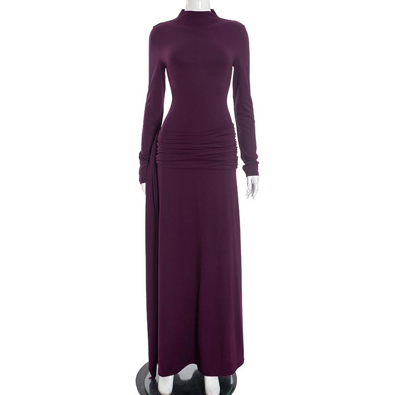 Elegantes Damen Winter Langkleid mit hohem Kragen und gefalteter Rüsche