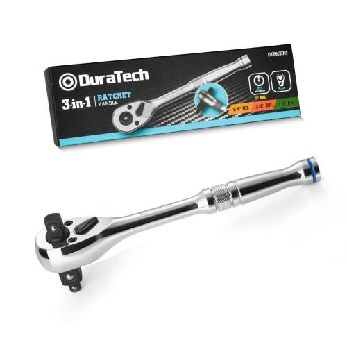 

DURATECH Ratchet Handle, 3-in-1 Socket Wrench, 6.35mm, 9.5mm, 12.7mm Drive, Three-in-One, Easy Rotation Direction Switch, Quick Release Button, 72-Too