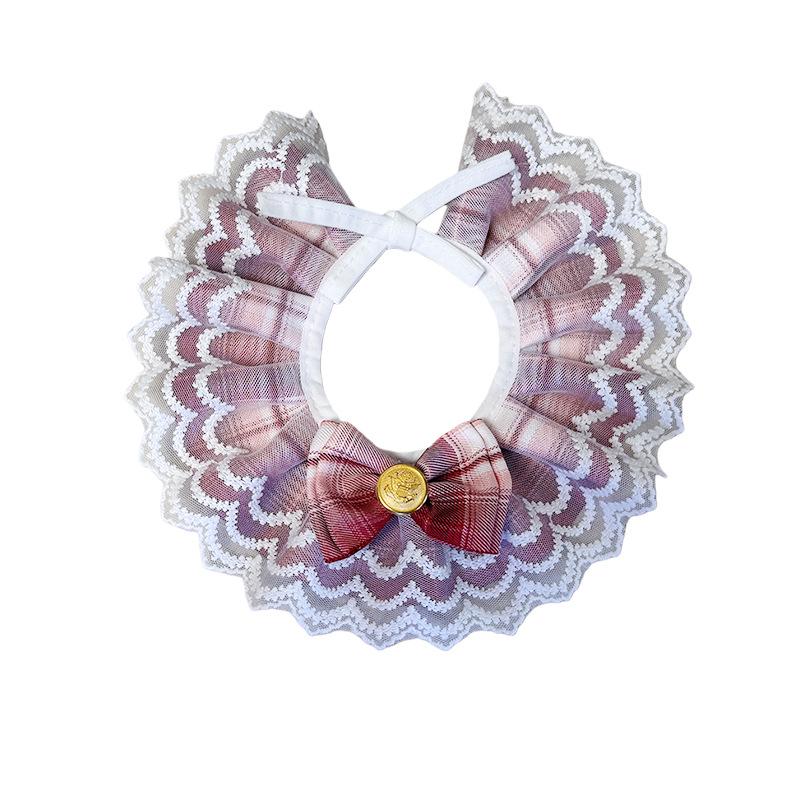 College Style Double Layer Gauze Bow Pet Bib with Lace Trim