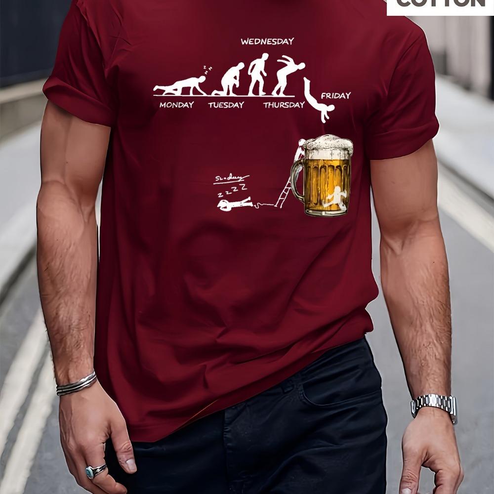 Men's Summer Fashion Casual Loose Large Fun Beer Pattern Printed Sports Round Neck Short Sleeve T-shirt Top