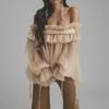Chemise Style Mode et Doux Nouveau Style Printemps Décolleté Bardot Bords d'Oreilles Assemblage Lacets Manches Longues Haut