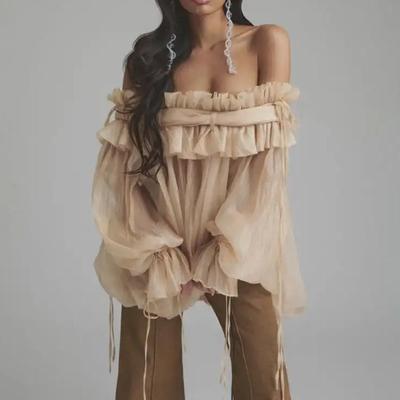 Fashionable and Sweet Style Shirt Spring New Style One-line Neckline Ear-edge Splicing Lace-up Design Long-sleeved Top