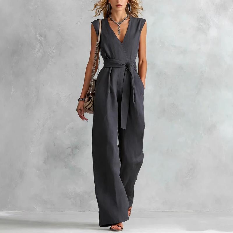 Spring and Summer European Style Women Clothing V-Neck Sleeveless Jumpsuit