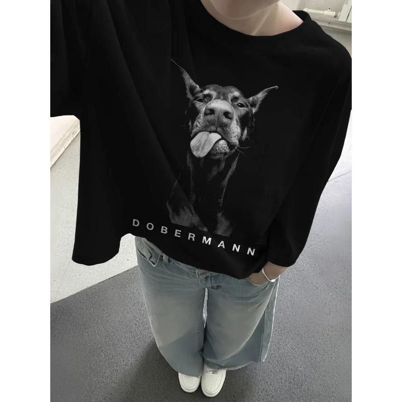 Black "Dobermann" Long Sleeve Shirt, Trendy Animal Graphic Top
