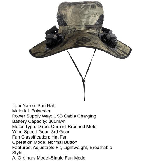 Sun Hat Unisex Ventilated Bucket Hat with Built-in Battery Panel Adjustable