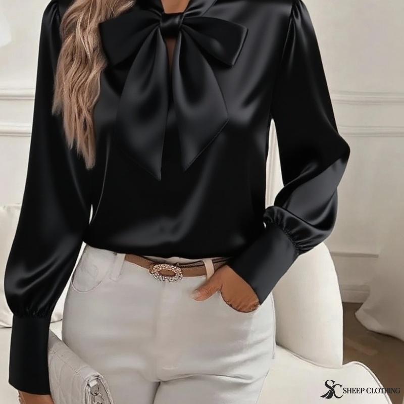 Women's Satin Blouse Long Sleeve Bow Tie Neck Elegant Office Shirt Dressy Top
