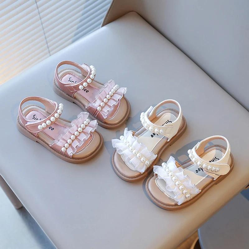 Dziewczęce Buty Plażowe Dziecięce Sandały Perły z Koronką Księżniczka Słodkie Odkryte Palce Miękkie Antypoślizgowe Urocze dla Dzieci Lato 2025 Fabrycznie Nowe