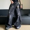American retro cleanfit washed old jeans men's niche lightning pattern vibe loose wide leg long pants