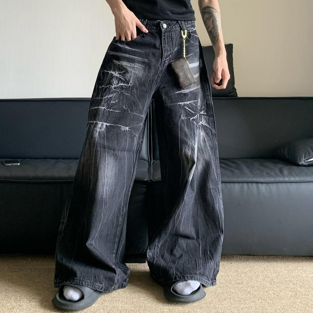 American retro cleanfit washed old jeans men's niche lightning pattern vibe loose wide leg long pants