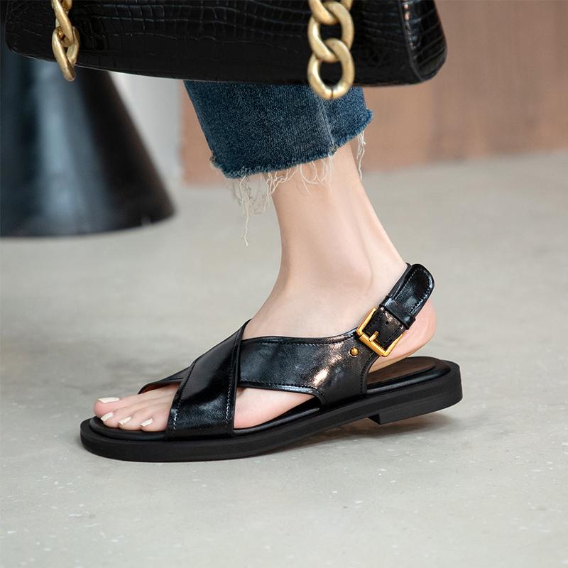 

Fashion 2024 New Summer Sandals Women Round Toe Low Heel Fashion Shoes Women Genuine Leather Solid Color Simplicity Sandals for Women 34 чёрный