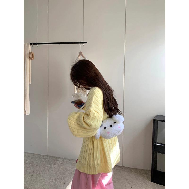 Sladký stárnoucí usměvavý obličej Smažené těstové kroucenky Vyšívaný svetr pro ženy na podzim zimu Nový volný líný styl Dlouhý rukáv Cardigan svetr pro ženy