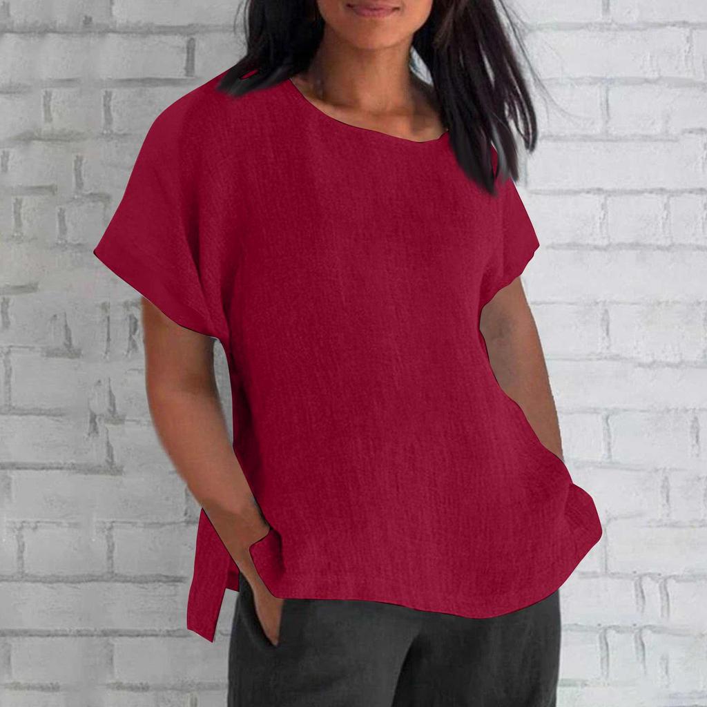 Women's Fashion Short Sleeve Round Neck Solid Colour Loose Casual Shirt Cotton Blouse