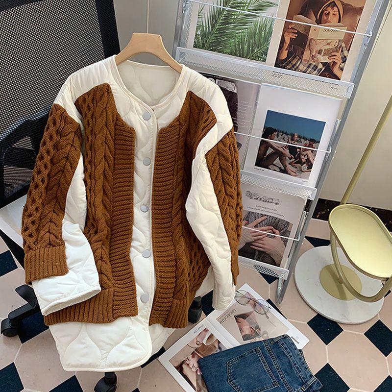 Dimanaf Maglioni Inverno 2024 Cappotto Patchwork Imbottito Bottoni Giacca Lavorata a Maglia Finto Due Pezzi Maglione Largo