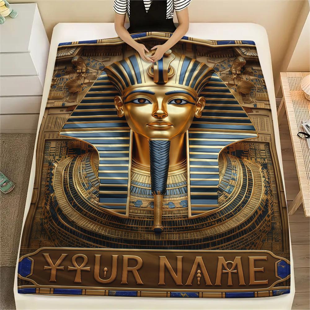 1PC Custom Name Golden Egyptian Pharaoh Patterned Flannel Blanket Suitable For All Seasons for Home Decor Warmth and Comfort Gifts Holiday Present_lx