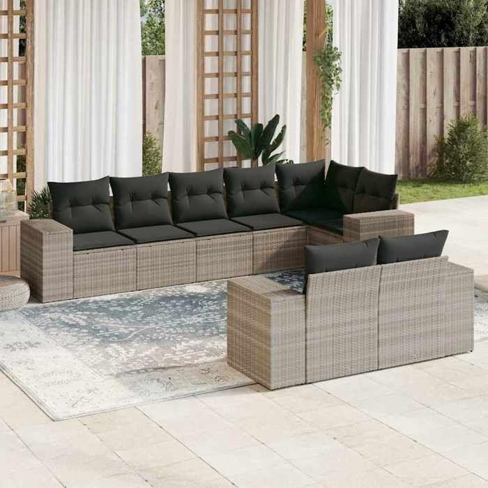 VidaXL Salon de Jardin avec Coussins 8 pcs, Canapés de Terrasse, Ensemble de Meubles de Patio, Mobilier d'Extérieur, Gris 3255159