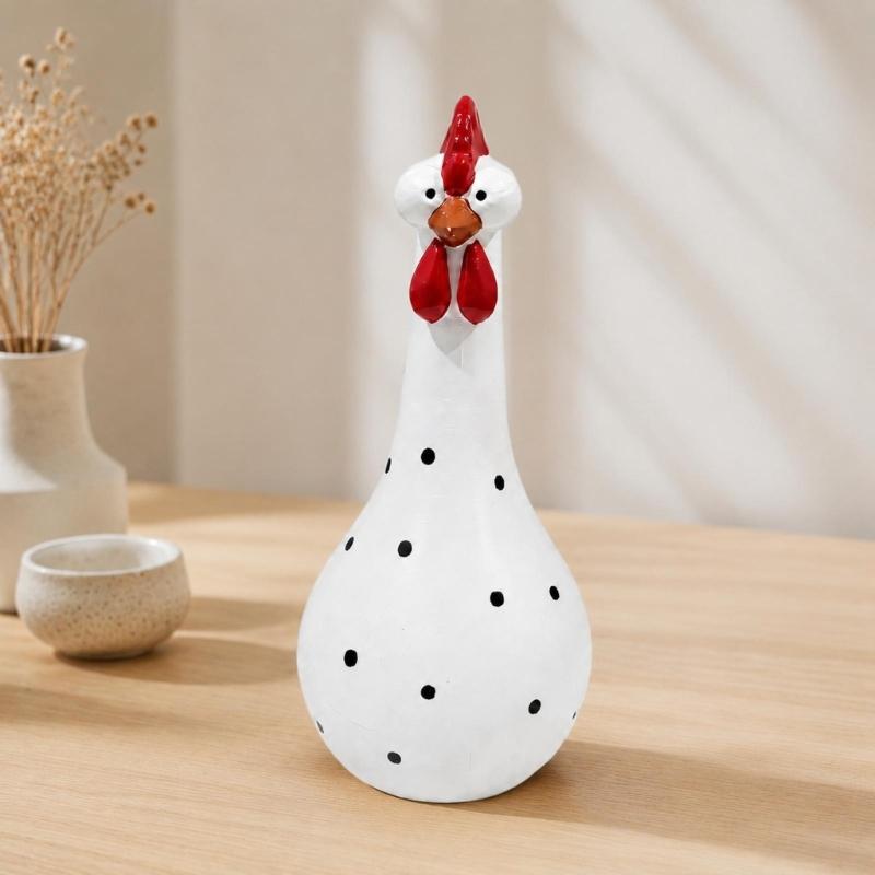 Chicken Flower Vessel with Rounded Body, Contrasting Dot Pattern, and Long Neck for Faux Florals, Office Desks, and Studies