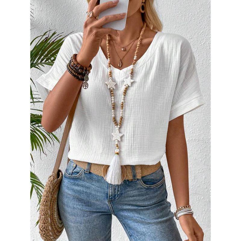 BITCED Women's Fashion Casual Solid Color Print V-Neck Short Sleeve Blouses & Shirts