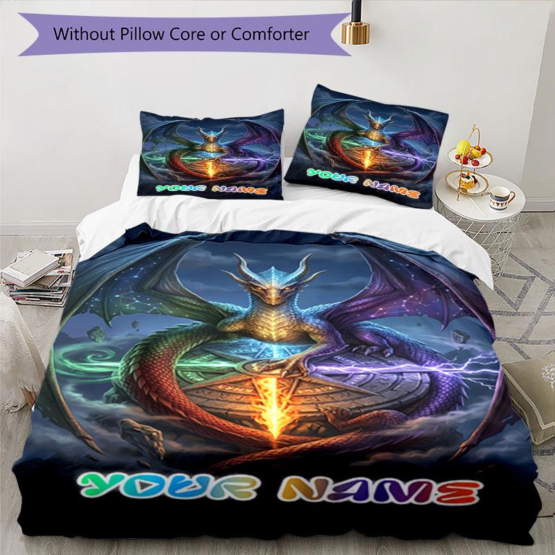 3pcs Custom Name Epic Dragon Fantasy Art Bedding Set Printed Bedding Set Duvet Cover Closure Includes 1 Duvet Cover & 2 Pillowcases Bedroom Decor