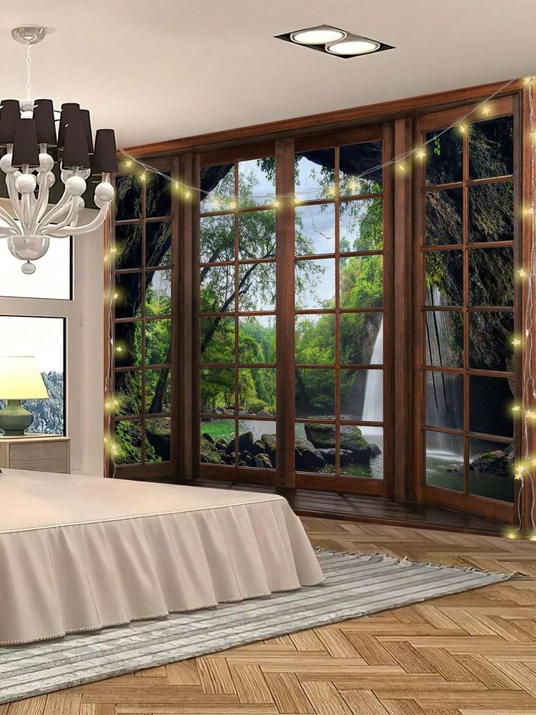 Tapisserie Fenêtre 3D Cascade Forêt Fenêtre Factice Paysage Naturel Impression Accrochage Mural Pour Chambre Salon Décoration Intérieure Multiple