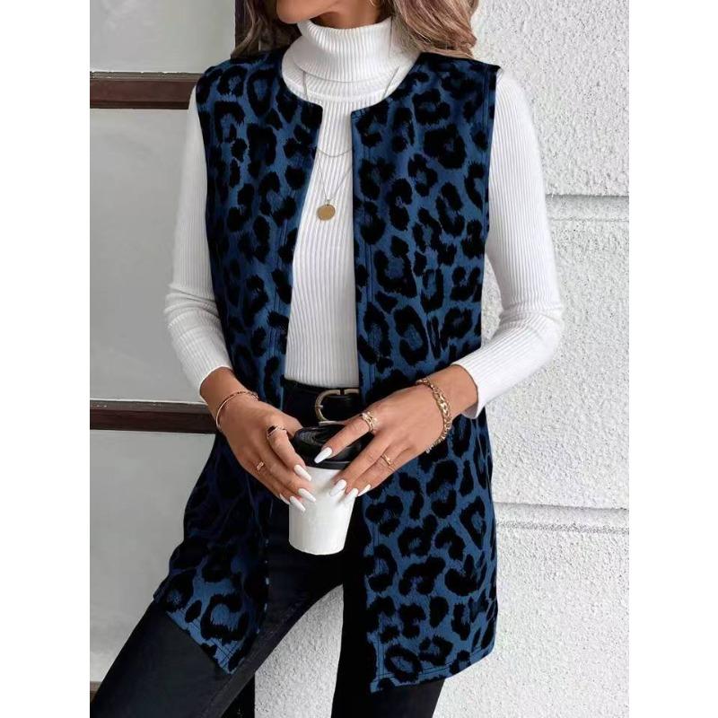 YYFS Women's Fashion Casual Leopard Print Autumn Winter Sleeveless O-Neck Jackets & Coats