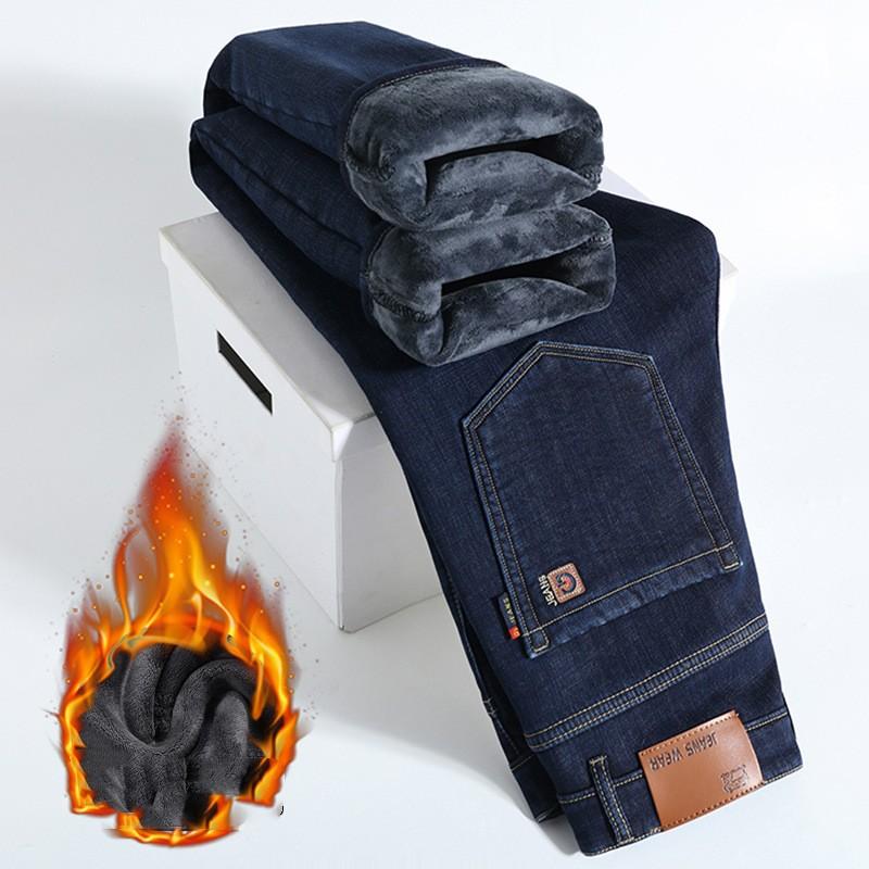 Men Autumn Winter Plus Size Thickened Warm Pants Fleece Jeans Business Casual Slim Straight Denim Trousers