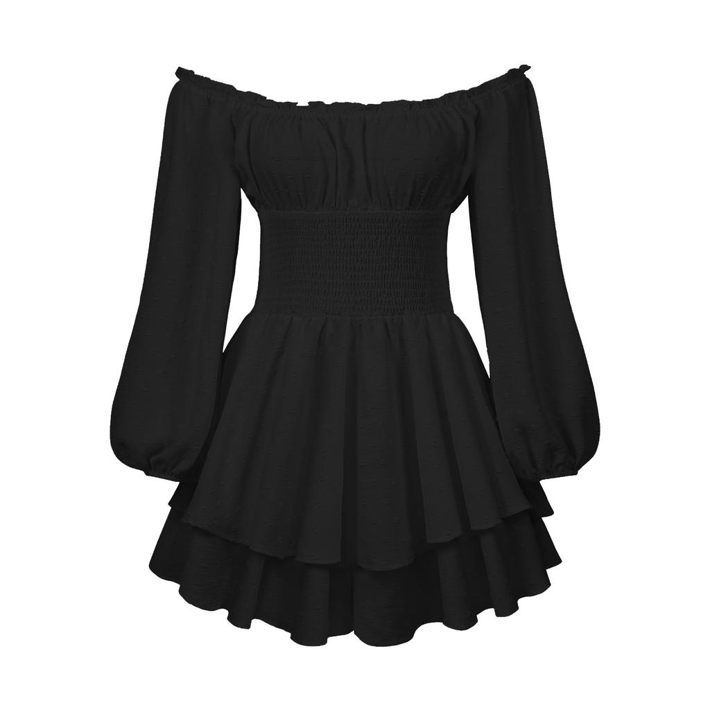 Women's Jumpsuit Fashion Women's Pleated Neck Long Sleeve Casual Loose Dress