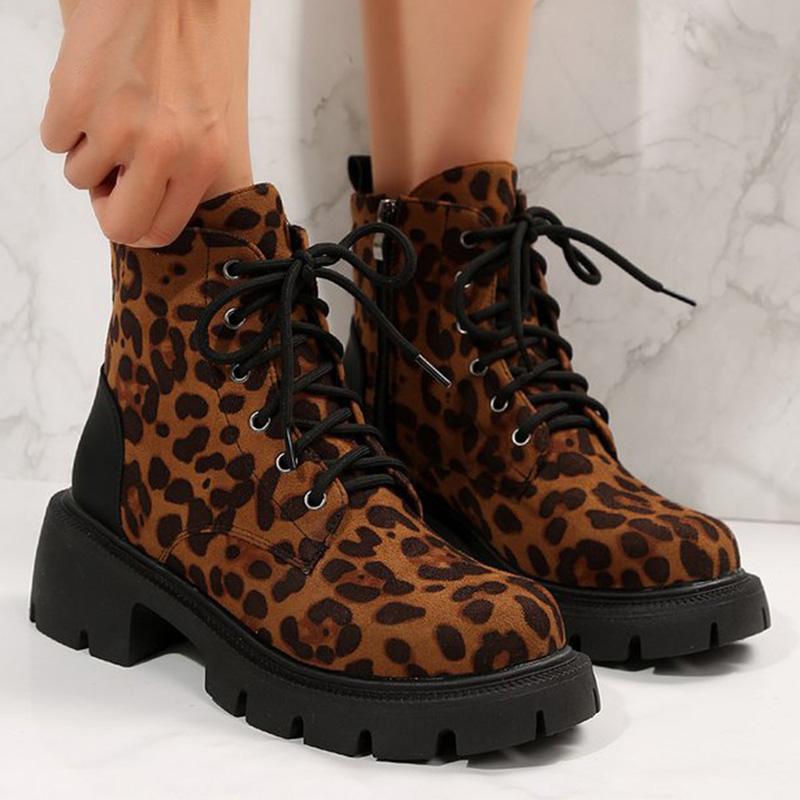 Y2K Leopard Faux Suede Boots for Women Vintage Square Heel Platform Ankle Boots Woman Autumn Zipper Up Booties Female