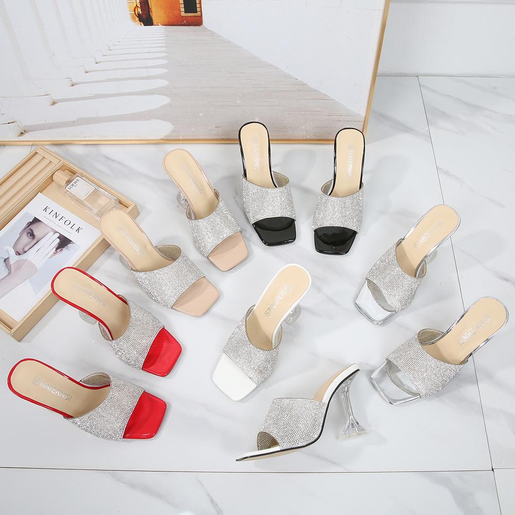 The new rhinestone fish mouth square head open-toed fairy wears crystal and mink cool slippers