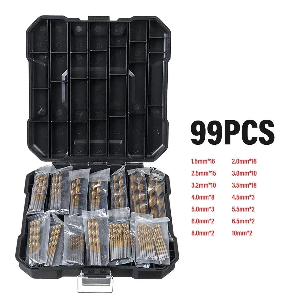 99 Pieces Titanium Twist Drill Bit Set, High Speed Steel, Size from 1/16" Up to 3/8", Ideal Drilling in Wood/Cast Iron Anti-rust