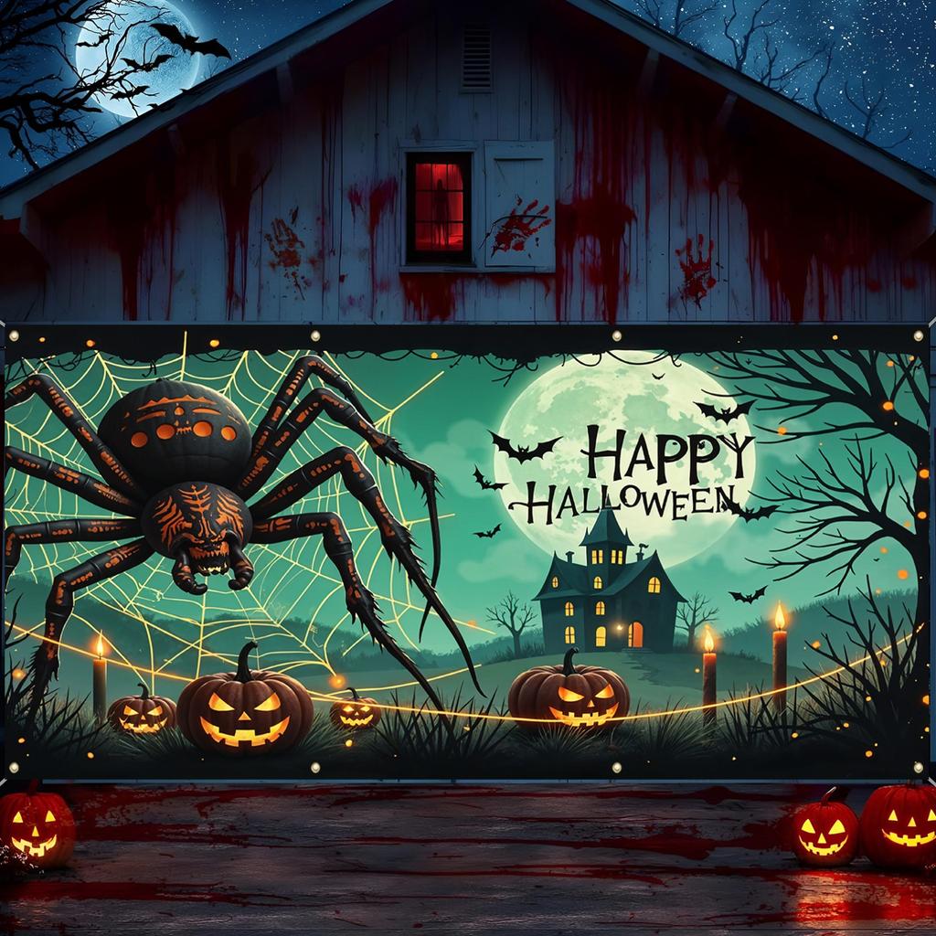 2D flat cheerful Halloween garage door banner with a background of terrifying giant spiders