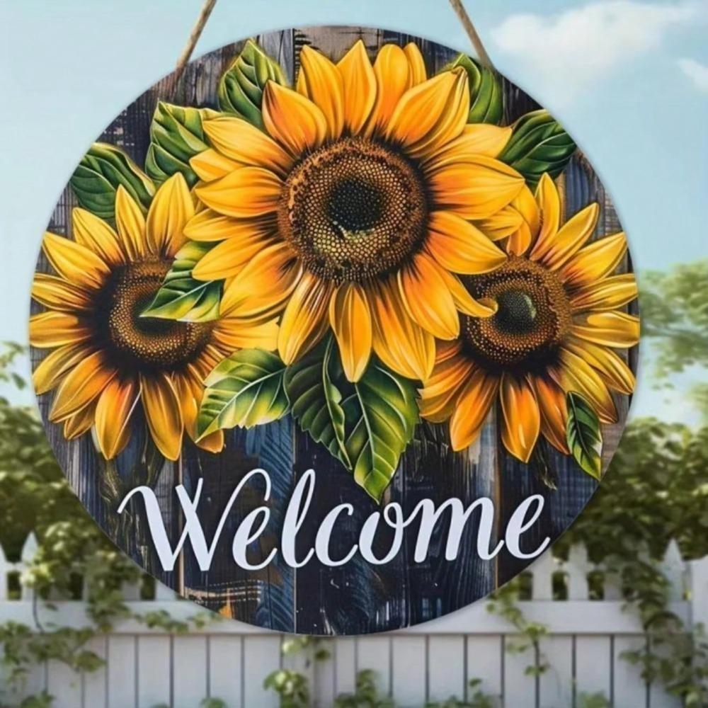 Iron Sign Welcome Round Sunflower Floral Cafe Office Wall Decor