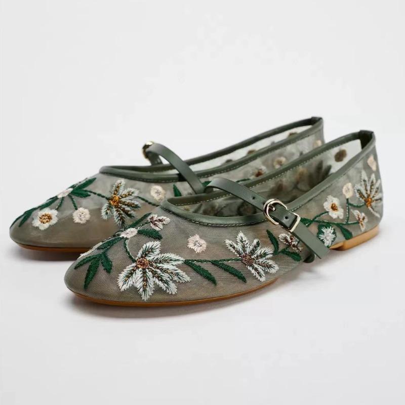 

Breathable Mesh Women Ballet Flats Flower Embroidered Mary Jane Shoes for Ladies Casual Round Toe Autumn Footwear 41 зелений