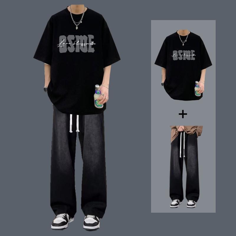 Men's Short-Sleeve T-Shirt and Jeans Set: Trendy Summer Casual Two-Piece Outfit