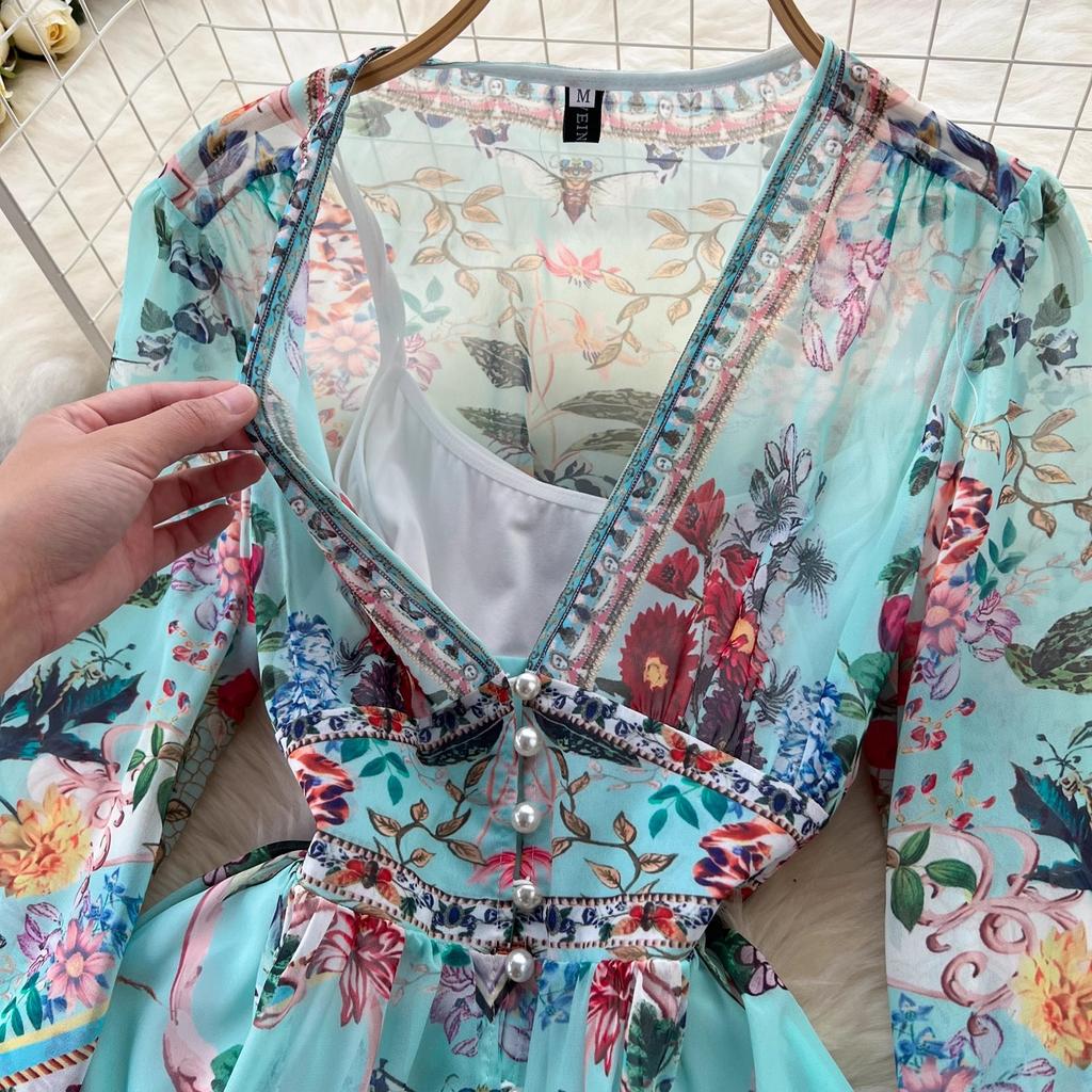 Spring Summer Bohemain Long Dress Women's V-Neck Flare Sleeve Floral Print Single Breasted High Waist A-Line Chiffon Vestidos
