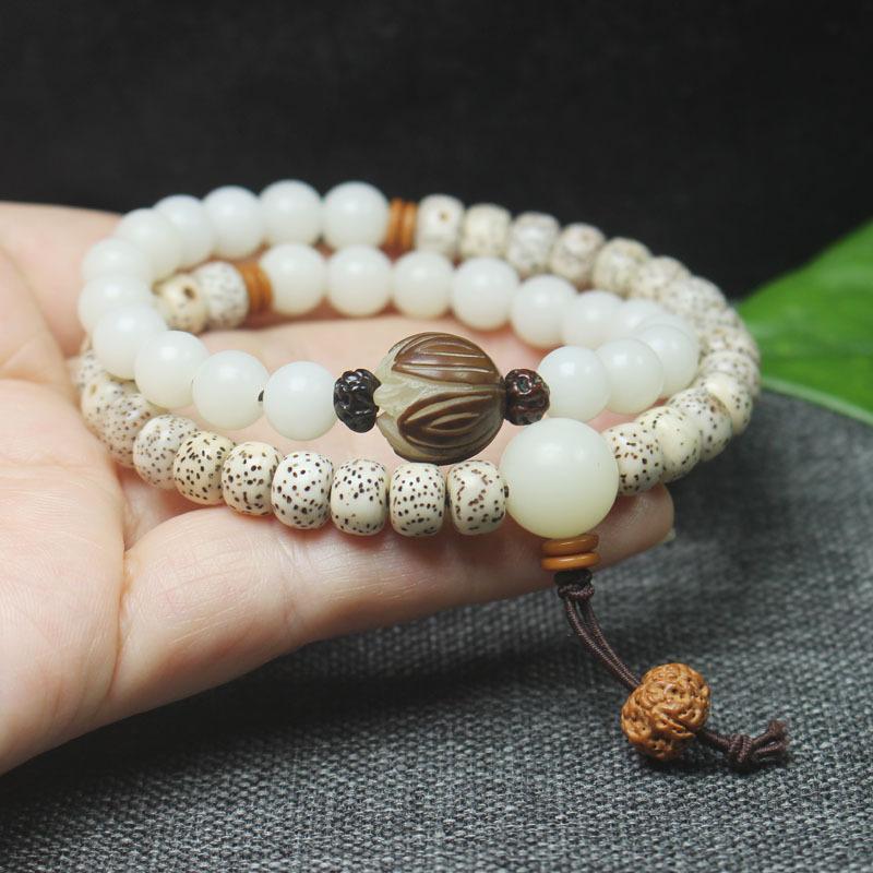 White Bodhi Seed Double Wrap Bracelet Star Moon Barrel Beads Lotus Charm Women’s Chinese Style Buddhist Gift Jewelry