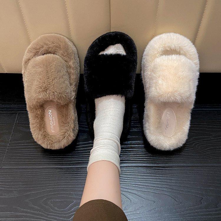 White comfortable Internet celebrity heightening non-slip thick bottom fluffy slippers women's autumn wear 2024 new indoor home cotton mop