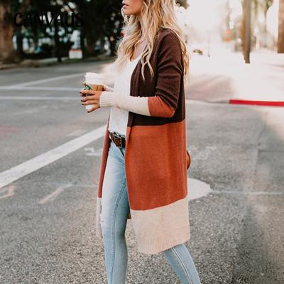 Herbst und Winter Damen Strickwaren Tricolor Striped Splicing Long Sweater Cardigan