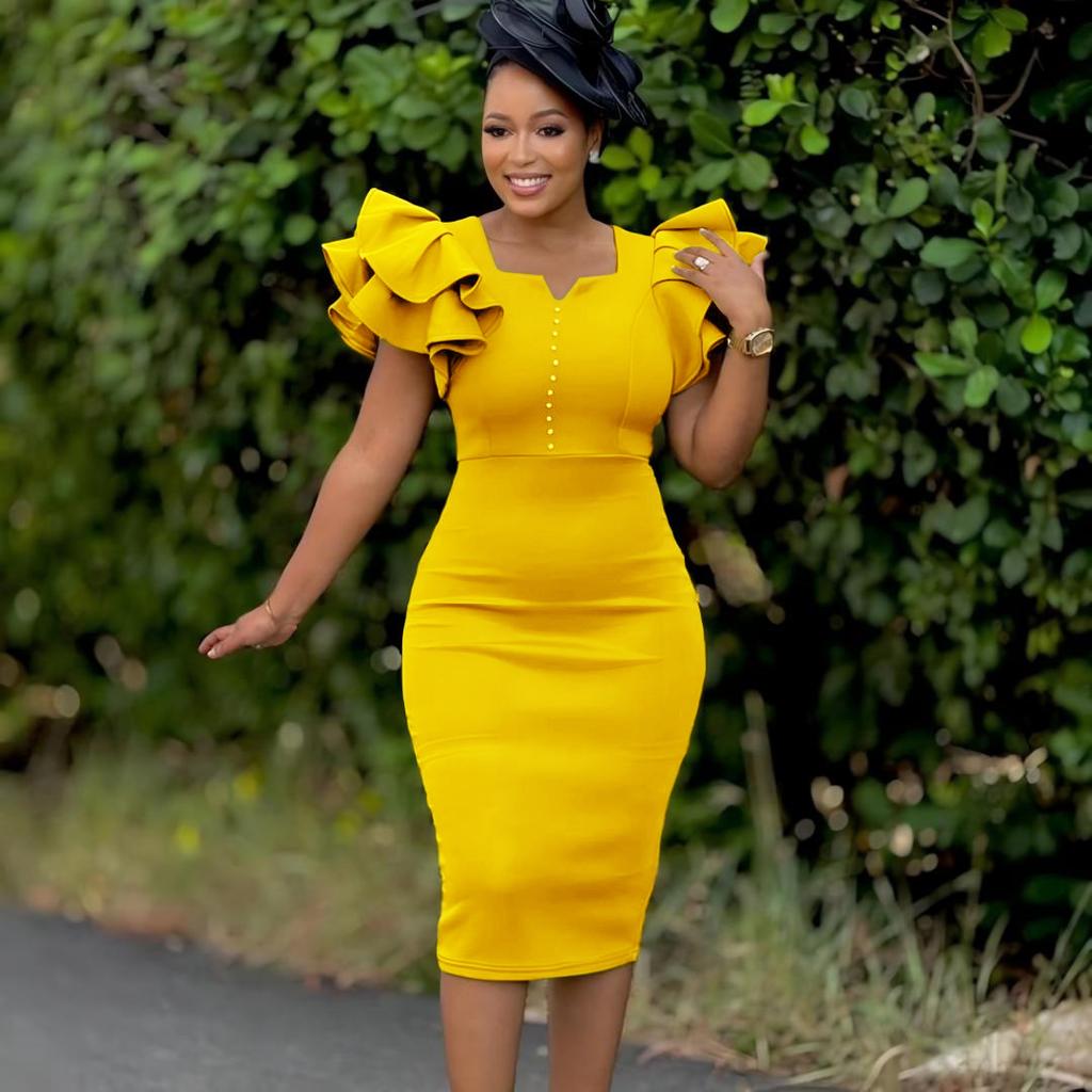 Summer Fashion Women's Nail Bead Lotus Leaf Sleeve Hip Wrap Banquet Dress Dress