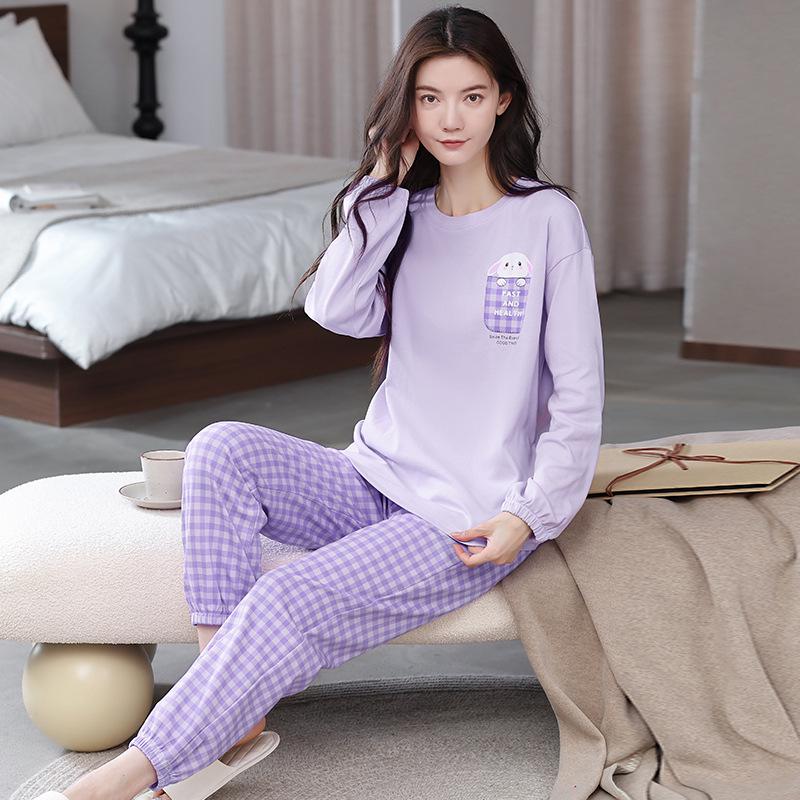 100% Cotton Women's Pajama Set – Breathable, Sweat-Absorbent, Long Sleeve Crew Neck for Indoor & Outdoor Wear (Autumn/Winter)