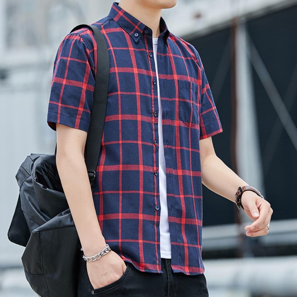 

Летняя мужская рубашка в клетку с коротким рукавом, повседневная деловая блузка, не требующая глажки, легкая, дышащая, не мнется XXXL красный