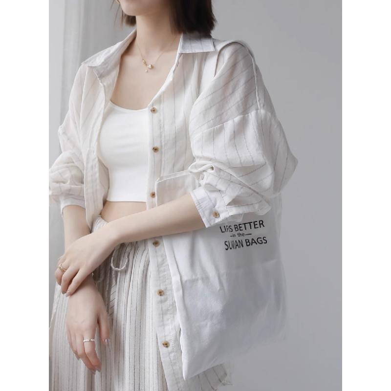 2026 New Loose Sun-Protective Striped Cotton-Linen Long-Sleeve Shirt for Women, Mid-Length Outerwear