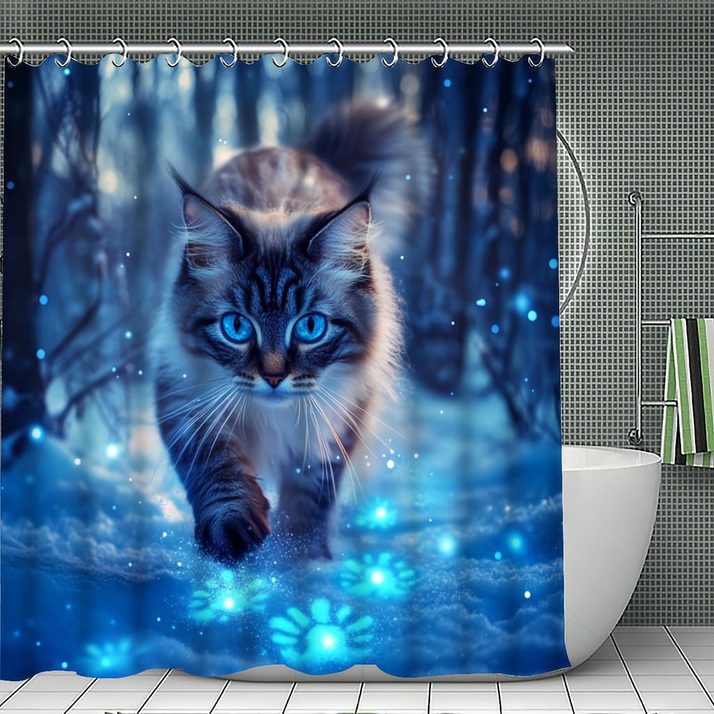 4Pcs Enchanted Cat Shower Curtain Set with Non-Slip Bath Mat, Toilet Lid Cover, Contour Rug & 12 Hooks, Bathroom Decor