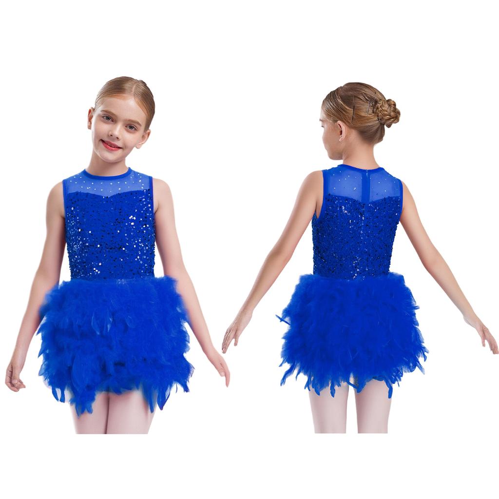 Mädchen Tanzperformancekleid: Rundhalsausschnitt Ärmellos mit Unsichtbarem Reißverschluss am Rücken, Durchsichtiges Netz, Pailletten, Feder Samt & Eingearbeiteter Slip für die Bühne